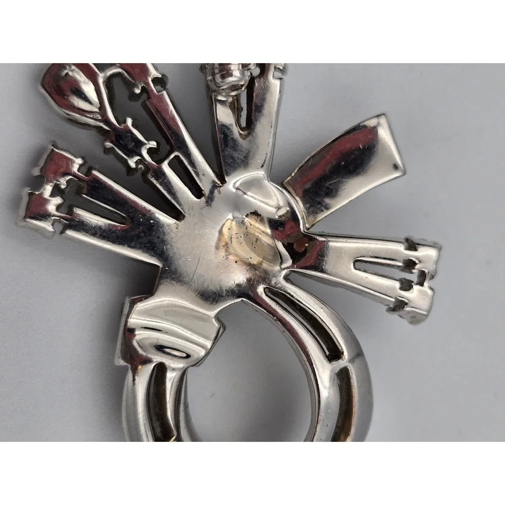 Vintage Rhinestone Bow Brooch Pin Silver Tone Clear Champagne‎ Baguette Round